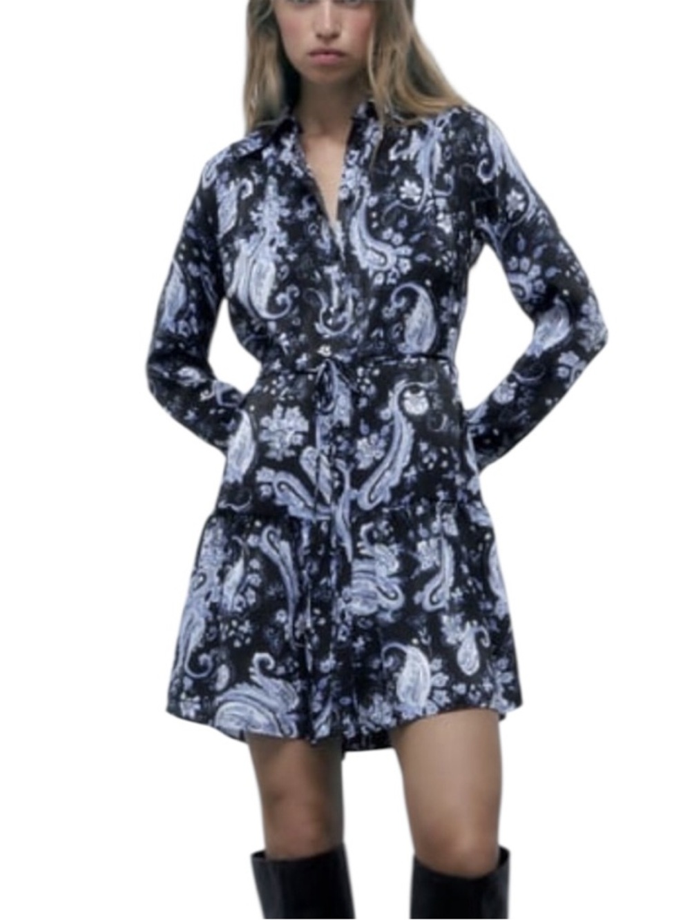 Zara Paisley Print Long-Sleeve Shirt Flounced Dress